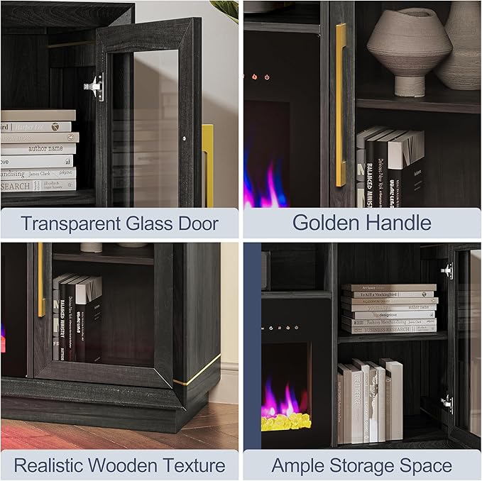 BELLEZE 74" Extra Large TV Stand for TVs Up to 85", Media Console Table with 42" Electric Fireplace Heater, Entertainment Center with Storage Cabinets for Living Room, Bedroom - Sienna (Black Ebony)