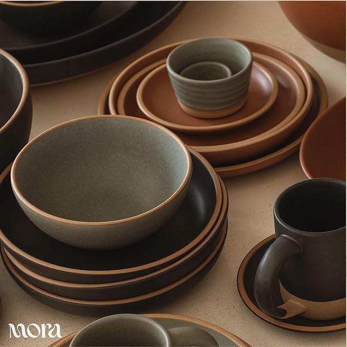 MORA Medium Dishes Set of 4, 30oz Ceramic Pottery Pasta Plate/Wide Bowls - Microwave, Oven and Dishwasher Safe - Liquorice