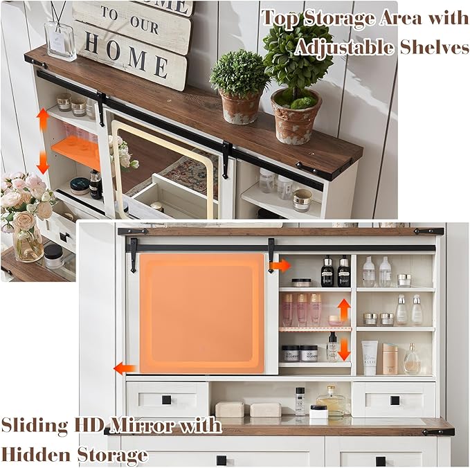 42'' Farmhouse Makeup Vanity Desk with Sliding Mirror and Lights, Glass Tabletop Vanity Table with Barn Door, 4 Drawers & Hidden Shelves, Rustic Big Vanity Women Dressing Table, Antique White