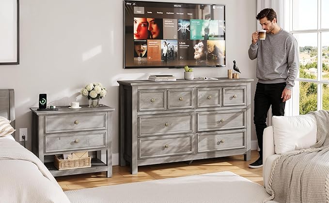 LGHM Dressers for Bedroom with 8 Drawers,54" Long Dresser Wood Legs, Modern Farmhouse Wood Chest of Drawers, Wide Dresser with Deep Drawers, Light Gray