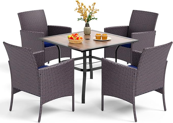 PHI VILLA 5 Pieces Outdoor Dining Set for 4, Wood Top Metal Dining Table & Rattan Wicker Chairs with Cushions, Modern Furniture Dining Set for Patio, Deck, Backyard, Porch