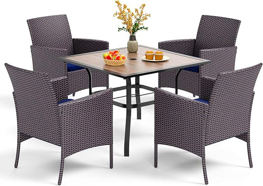 PHI VILLA 5 Pieces Outdoor Dining Set for 4, Wood Top Metal Dining Table & Rattan Wicker Chairs with Cushions, Modern Furniture Dining Set for Patio, Deck, Backyard, Porch