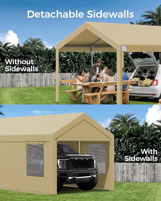 Carport, 12 x 20 FT Portable Garage Heavy Duty, Carport Canopy with Sidewalls Roll-Up Door & Windows, Car Port Canopy Tent Reinforced with Extended Skirt for Truck, Boat, Car Shed (Khaki)