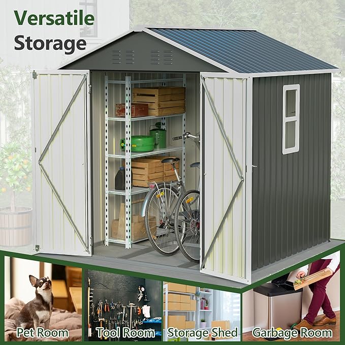 6x6FT Outdoor Storage Shed，Heavy-Duty Metal Storage with Floor Kit, Vents and Clear Window