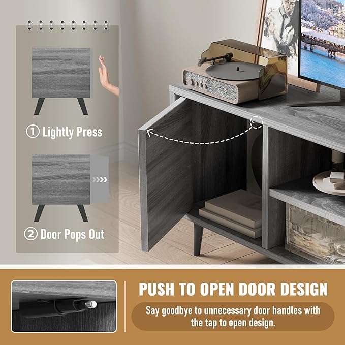 Flamaker Mid Century Modern TV Stand for 65 inch TV, Entertainment Center with Storage, Media Console with Sturdy Legs, Push-to-Open Cabinets, Wooden Living Room Furniture, Bright Gray