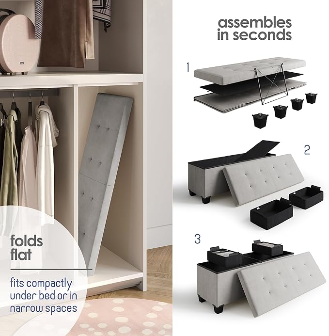 STORAGEBUD Storage Ottoman Bench with Bins, 43-in Storage Bench for Bedroom End of Bed, Folding Foot Rest Ottoman for Living Room Max 660lbs, Velvet Ottomans, Light Grey