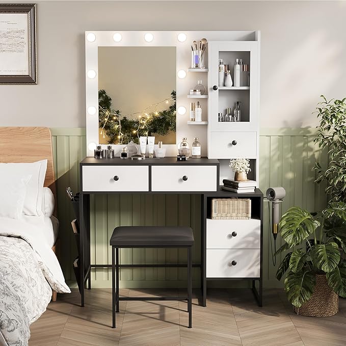 39" W Vanity Desk with Mirror, Makeup Vanity Set with Power Outlet and Comfortable Bench, Big Dressing Table with Lights Mirror and Drawers for Makeup, Modern Vanity for Bedroom Black