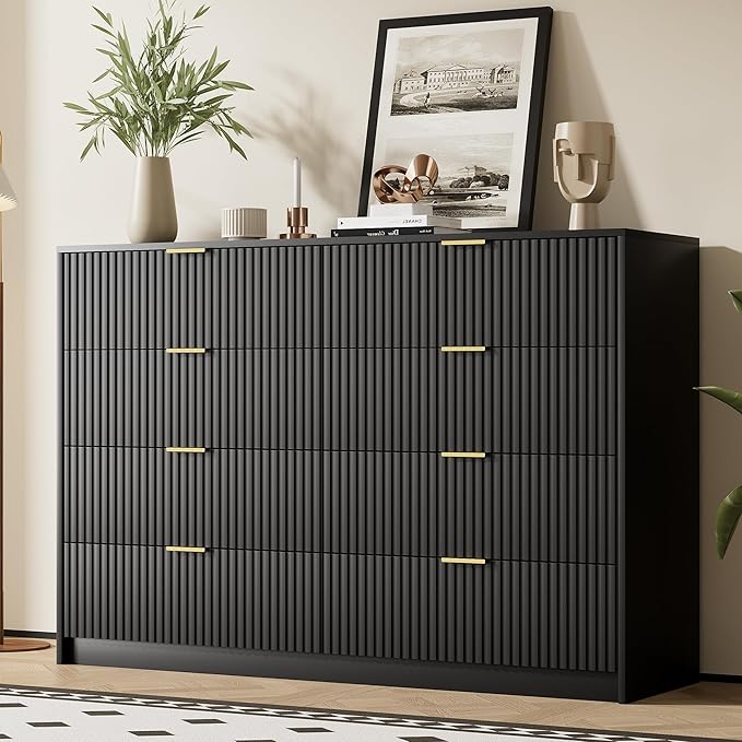 Black Dresser for Bedroom, Modern Dresser with 8 Drawers and Smooth Slides, Wide Chest of Drawers with Golden Handles for Bedroom, Closet, 15.7" D x 55" W x 37.4" H