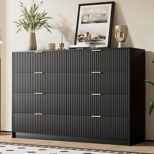 Black Dresser for Bedroom, Modern Dresser with 8 Drawers and Smooth Slides, Wide Chest of Drawers with Golden Handles for Bedroom, Closet, 15.7" D x 55" W x 37.4" H