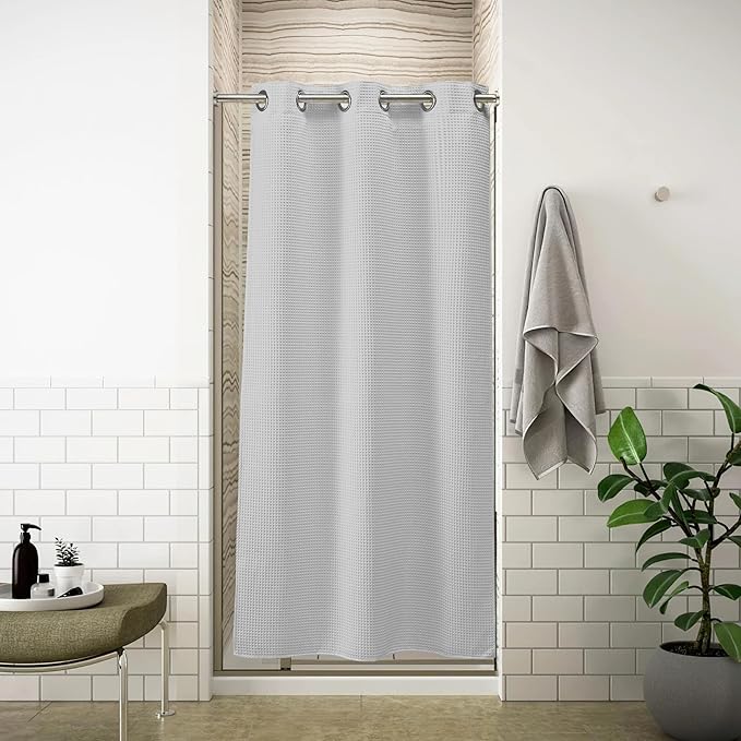 River Dream Stall Waffle Weave Shower Curtain with Snap-in Liner,Cotton Blend Fabric Heavy Duty,No Hooks Needed Shower Curtain for Bathroom,Hotel Quality Shower Curtain Set,Grey,36x74 inches