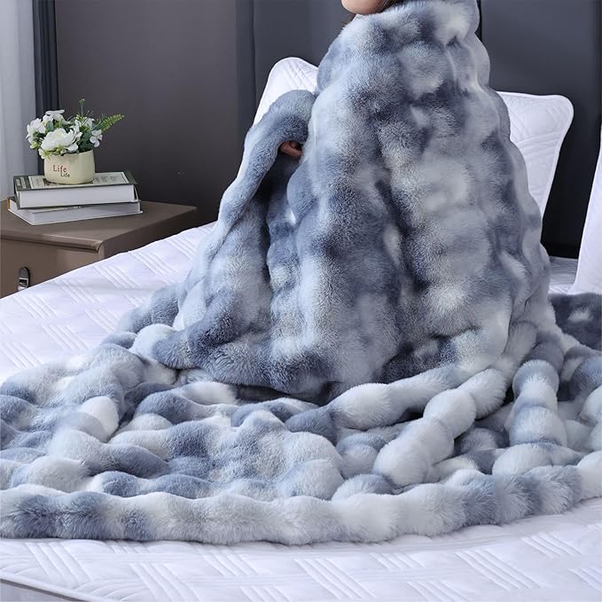 Faux Fur Soft Fluffy Tie-dye Blue Throw Blanket for Living Room Bedroom Couch 60X80 Fuzzy Bubble Thick Throw Blanket Decorative Blanket Home Decor 860 GSM