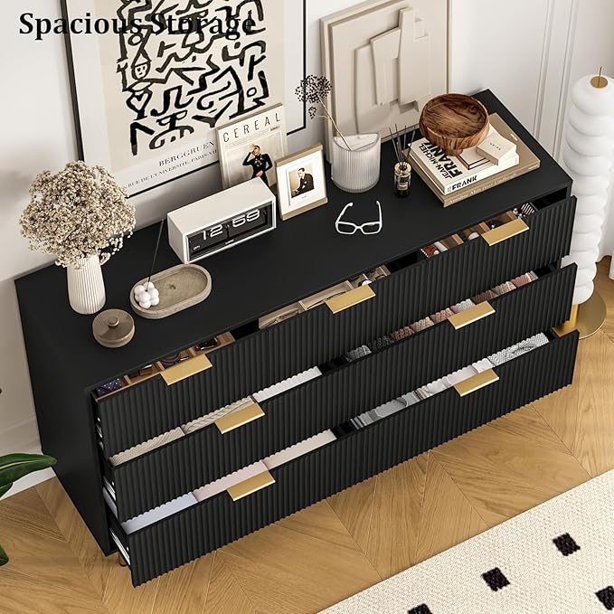 7 Drawers Dresser for Bedroom, Fluted Dresser Chest of Drawers with Gold Handle, Wood Modern Dressers for Closet, Bedroom Furniture Storage Organizer for Living Room, Hallway