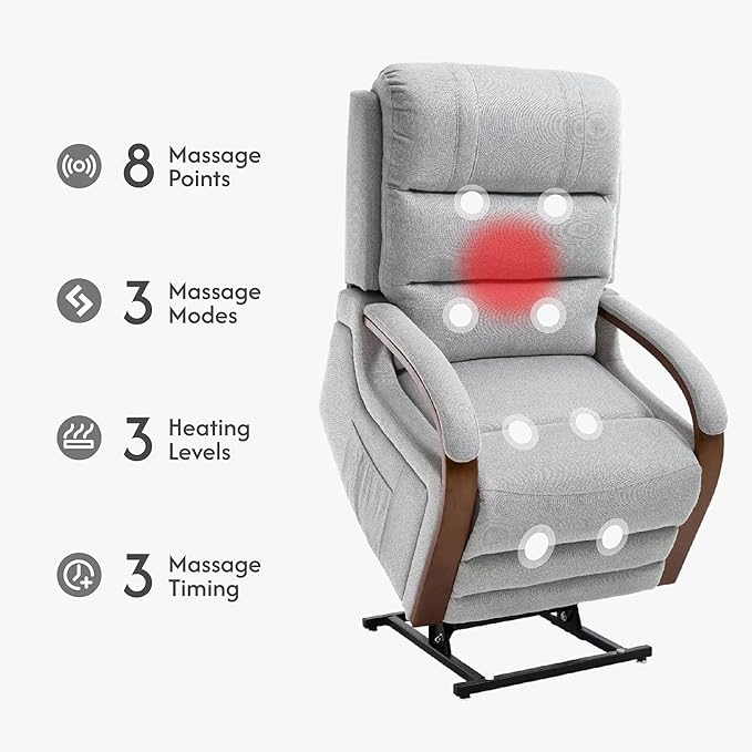 FLEXISPOT Dual Motor Power Lift Recliner Chair for Elderly, Electric Lay Flat Reclining Chair with Massage & Heat, Side Pockets, Fabric Single Sofa for Living Room,Light Gray