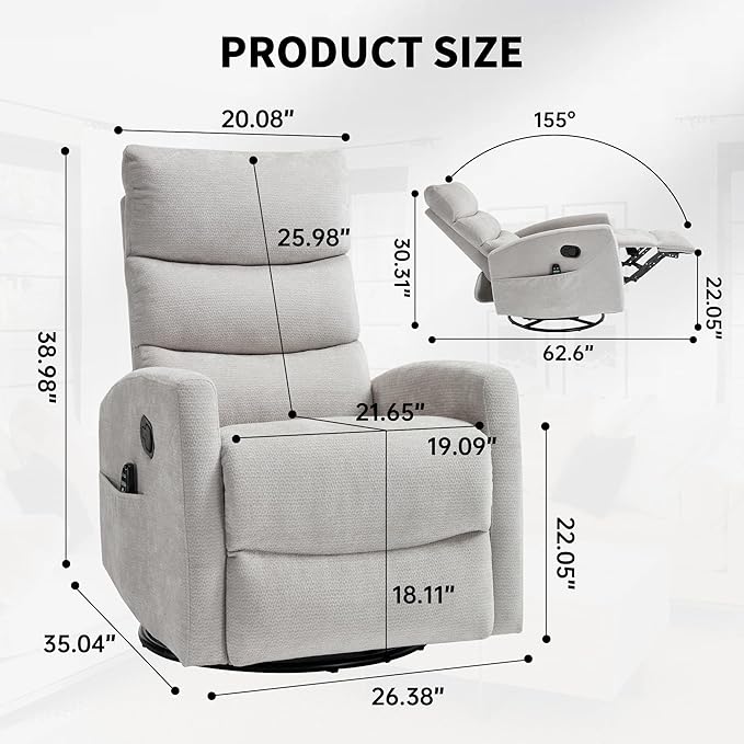 PELUMY Massage Recliner Chair with Heat - Manual Rocker Swivel Recliner, 360° Rotation & 155° Recline for Living Room（Linen Fabric, Beige）