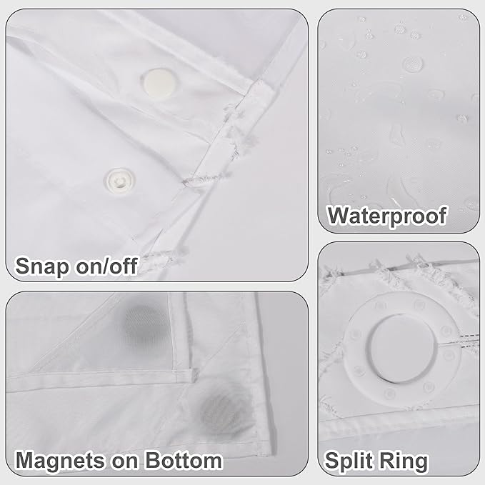 No Hook Shower Curtain Set with Snap in Liner, White Jacquard Tufted Geometric Bath Curtain, Boho Luxury Hotel Bathroom Decor, Waterproof Washable, 71 x 74 Inch