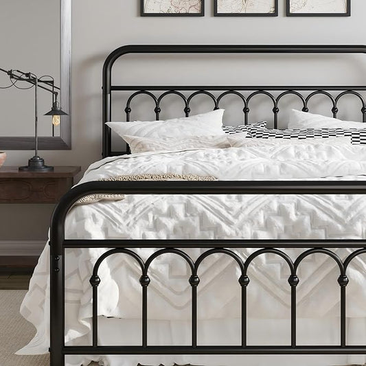 Allewie 14 Inches Queen Size Metal Platform Bed Frame with Victorian Style Curved Iron-Art Headboard/Footboard, Metal Slats Support, Easy Assembly, Under Bed Storage, No Box Spring Required, Black