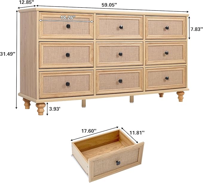 ORRD 9 Drawer Dresser for Bedroom, Mid Century Modern Wide Wood Rustic Chest of Drawers Wooden Storage Organizer Dressers with Burlap Rattan Drawers for Living Room, Hallway Closet, Entryway, Natural