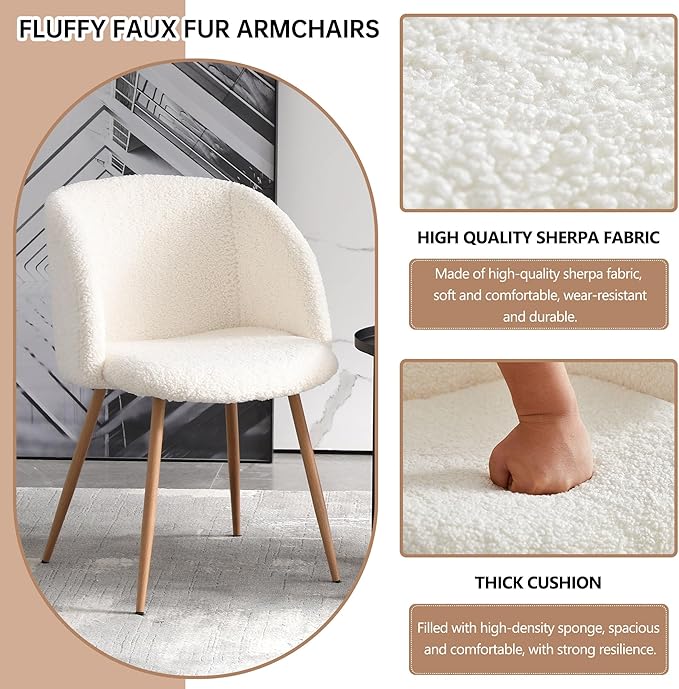 47" Round Kitchen Dining Table Set for 4, Two-Part White Marble Tabletop with Wood Strips, Industrial Home Kitchen Table Set with Off White Sherpa Barrel Dining Accent Side Chairs Comfy