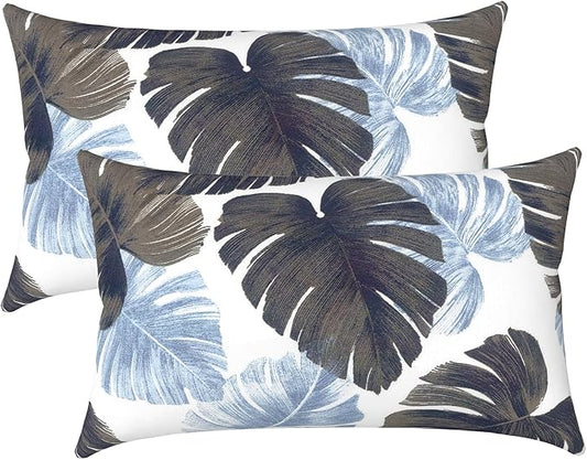 LVTXIII Set of 2 Patio Lumbar Pillows, 12”x20” Fade Resistant Outdoor Lumbar Pillow with Inners, Fluffy Decorative Garden Lumbar Cushions for Home Patio Coach Sofa Use, Monstera Blue