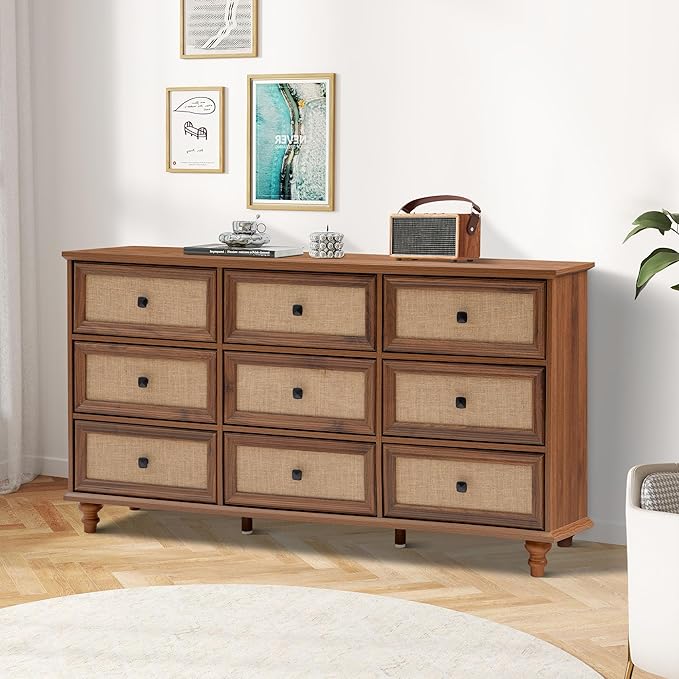 9 Drawer Dresser for Bedroom, Mid Century Modern Wide Wood Rustic Chest of Drawers Wooden Storage Organizer Dressers with Burlap Rattan Drawers for Living Room, Hallway Closet, Entryway, Walnut