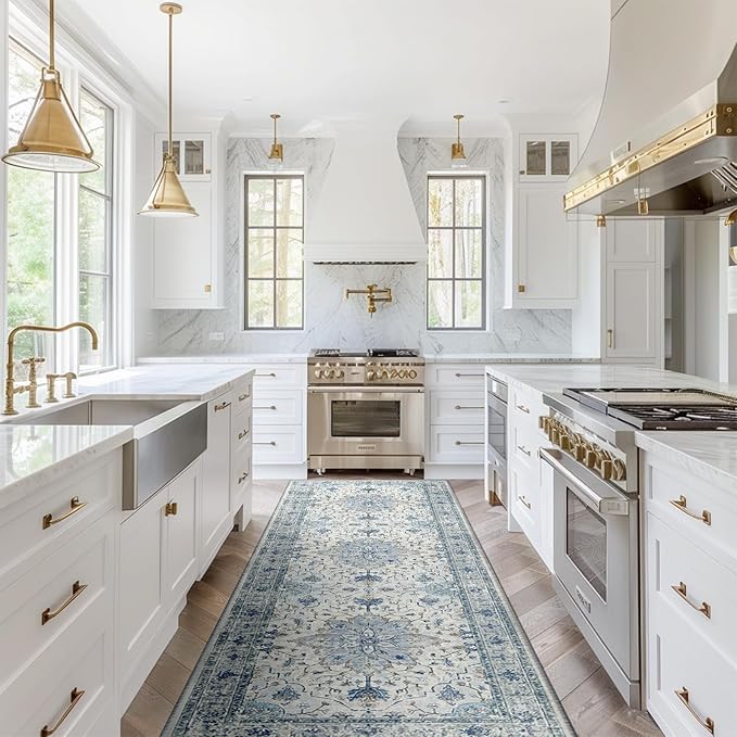 Area Rugs 2'x8' Washable Non-Slip, Floral Vintage Distress Print Pattern Medallion Carpet for Living Room Bedroom Dining Room, Light Blue Navy Beige Gray White