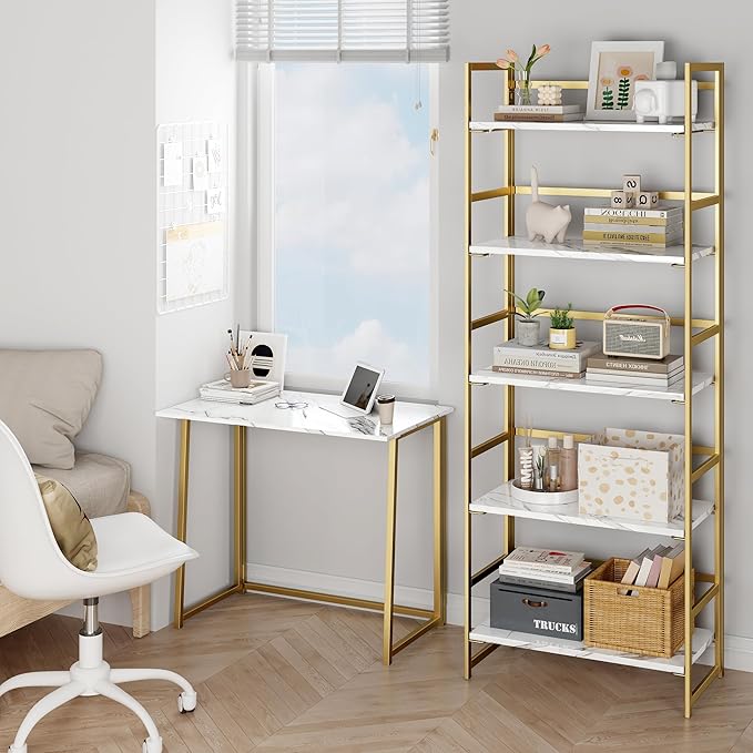 BHG No Assembly Folding Bookshelf for Living Room, 5 Tier Gold Collapsible Book Shelf for Home Office, Portable Bookcase Storage Organizer