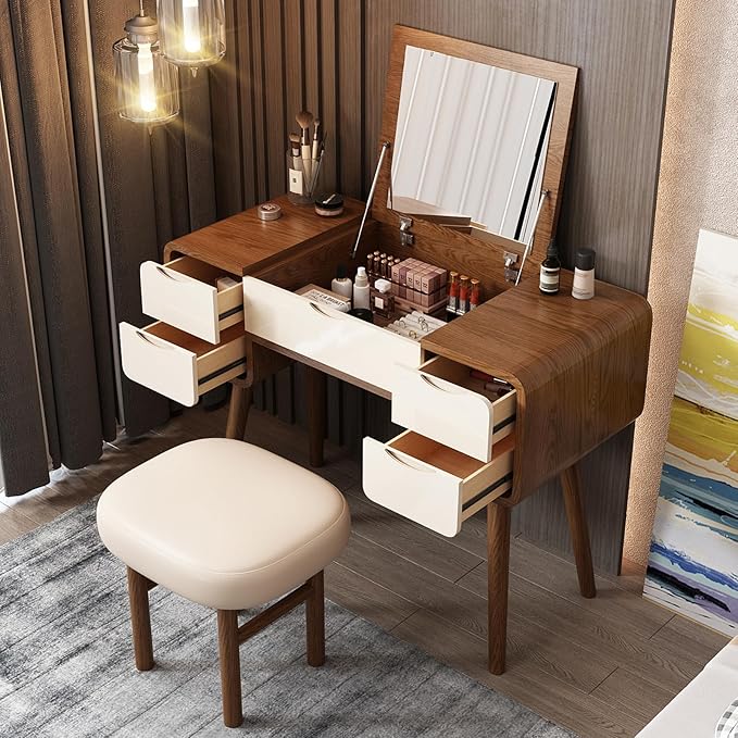 Lartis Flip Top Vanity Table Stylish Makeup Vanity with Stool, Makeup Vanity Desk, Reversible Makeup Mirror, Hidden Storage Compartment,Very Easy to Assemble,Can be Used as a Desk