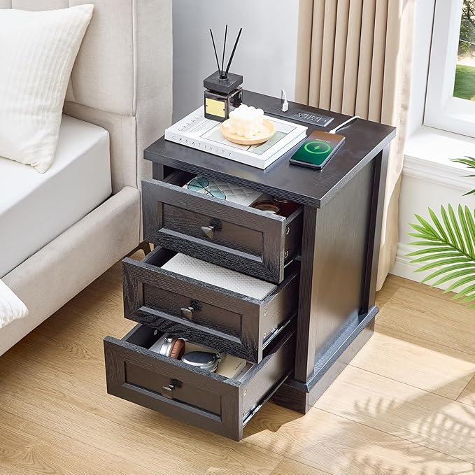 SOOWERY Dresser for Bedroom, Farmhouse Dresser with 3 Wooden Drawers and Storage Cabinet, 25 Inches Tall Side Table Chest of Drawers for Bedroom, Living Room, Hallway, Black