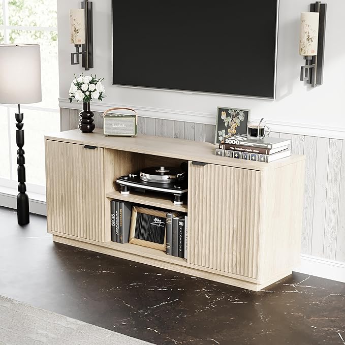 60'' Fluted TV Stand, Console Table, Mid Century Modern Curved TV Stands with Water Wave Shaped Door, Entertainment Center with Metal Handle, Living Room (Cream Yellow Wood Grain)