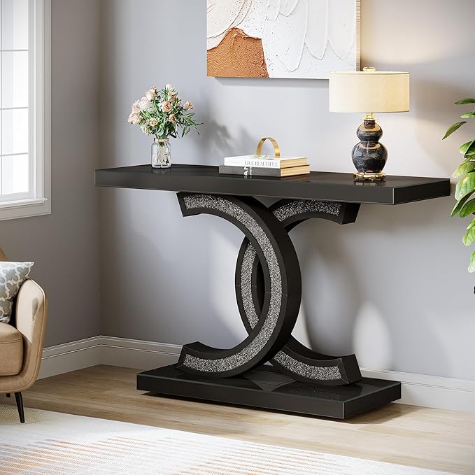39-inch Mirrored Console Table, Modern Black Entryway Table with Sparkling Crystal Inlays, Glass Sofa Table with Mirror Finish for Entrance, Living Room