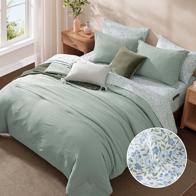 Monbix Queen Comforter Set - 7 Pieces Sage Green Prewashed Bed in a Bag Queen Bedding Sets with Comforters, All Seasons Down Alternative Comforter Bed Set with Sheets,Pillowcases & Shams