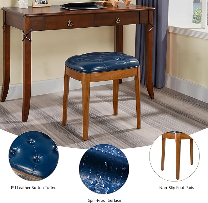 Solid Wood Button Tufted Vanity Stool, Ottoman Stool with Wood Legs & Padded Seat PU Leather Upholstered Piano Bench with Non-Slip Foot Pads Accent Stool for Bedroom Entryway, Blue