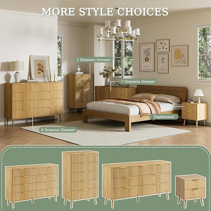 LYNSOM 55" Wide Fluted Dresser for Bedroom with 7 Drawer, Modern Chest of Drawers with Curved Profile Design and Metal Handles, Wood Dresser TV Stand & Storage Organizer for Living Room, Oak