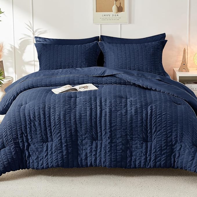HYMOKEGE Navy Blue California King Comforter Set Seersucker 7 Pieces, All Season Luxury Bed in a Bag for Bedroom, Bedding Set with Comforters, Sheets, Pillowcases & Shams