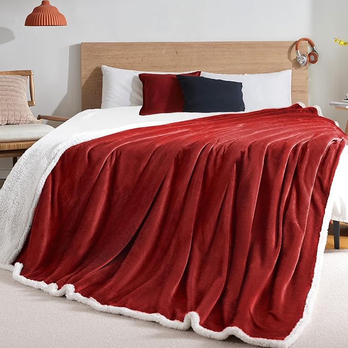 BEAUTEX Sherpa Fleece Throw Blanket Twin Size for Couch - Thick and Warm Blanket for Winter, Fluffy Flannel Plush Twin Blanket, Fuzzy Wine Cuddle Blankets for Couch Bed Sofa (60" x 80", Wine)