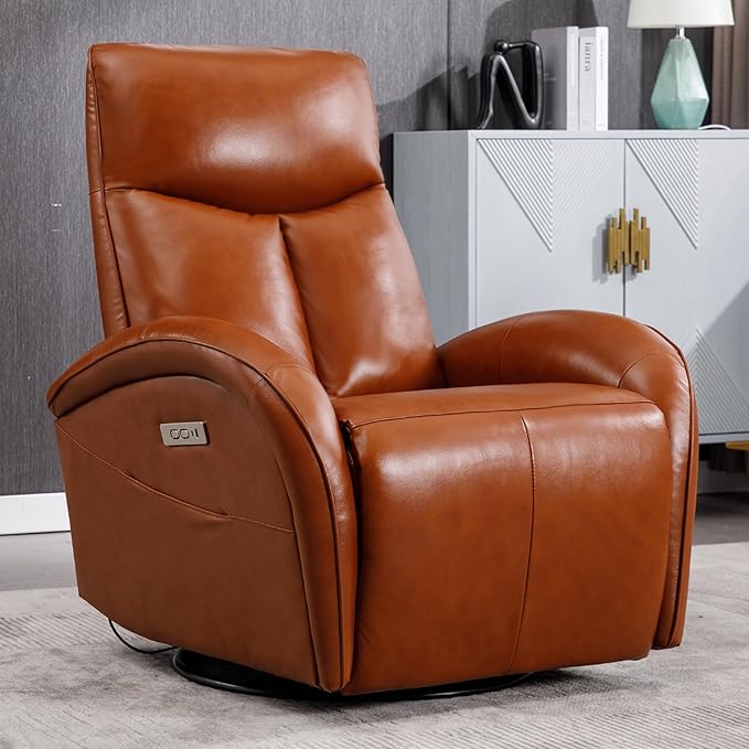 Power Rocker Recliner with 270° Swivel and 30° Rock, Genuine Leather Recliner Swivel Chair with USB and Type-C Ports, Red Brown Recliner Chairs for Adults, 22.4" Extra Wide