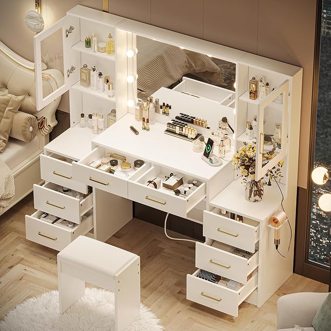58.2” Vanity Desk with Mirror and Lights & Charging Station, Bedroom Dressing Table, Large Vanity Set with Cushioned Stool, 8 Drawers and 2 Cabinets, Makeup Vanity Table with Charging Station