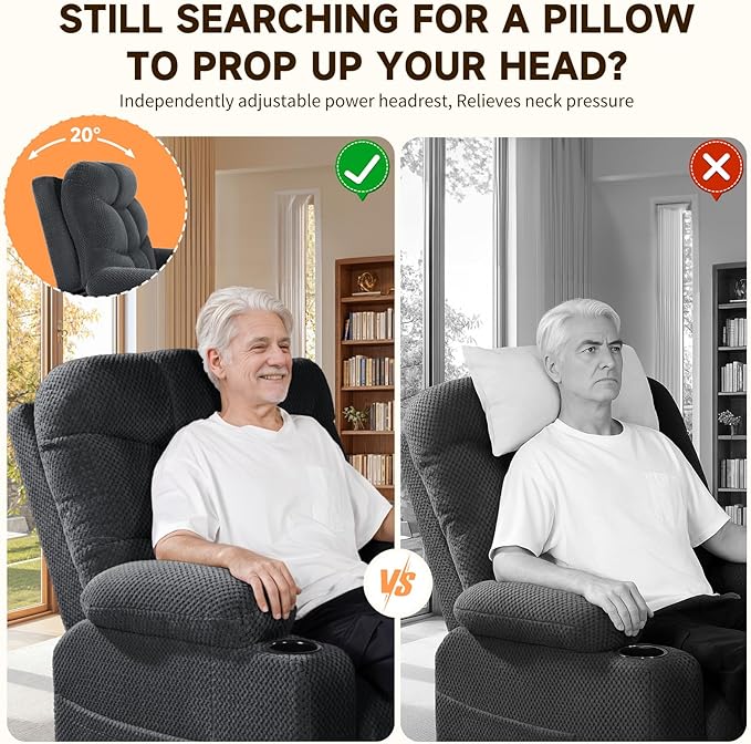 Triple Motor Large-Wide Power Lift Recliner Chair with Power Headrest for Big and Tall Elderly, Infinite Position, Massage Heat, Extend Footrest, USB, Cup Holder, Plush Flannel, Dark Grey