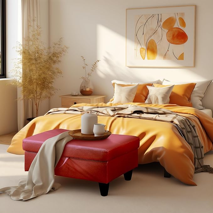 Ottoman Rectangular Storage Ottoman Bench, Faux Leather Footrest, Coffee Table, Stool Footstool with Hinged Lid for Living Room, Bedroom, Entryway, Red, 28.5"x19"x17.5"