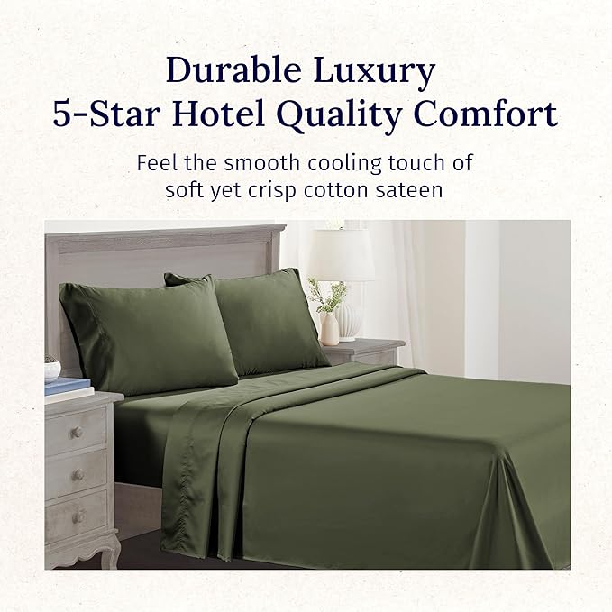 California Design Den King Deep Pocket Sheets Set - Luxury 600 Thread Count 100% Cotton Sheets King Size, Sateen, Hotel-Quality, Better Than Egyptian Cotton Sheets - Olive Green
