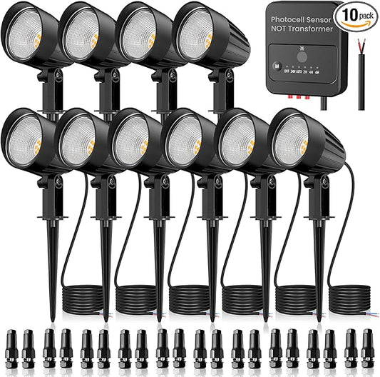 ZZXX Low Voltage Landscape Lighting 12W 1200LM Landscape Lights with Photocell Sensor, 2700K Super Warm White LED Spotlights Outdoor IP66 Waterproof AC/DC 12V-24V for Yard Garden Pathway Tree(10 Pack)