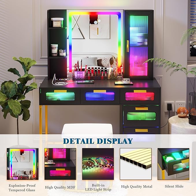 HNEBC Black LED Vanity, Makeup Vanity with RGB Lights and 6 Drawers for Bedroom, Makeup Desk with USB/Wireless Charging, Dressing Table with Shelves/Cabins/Stool, Vanity Table Set as Gifts for Girls