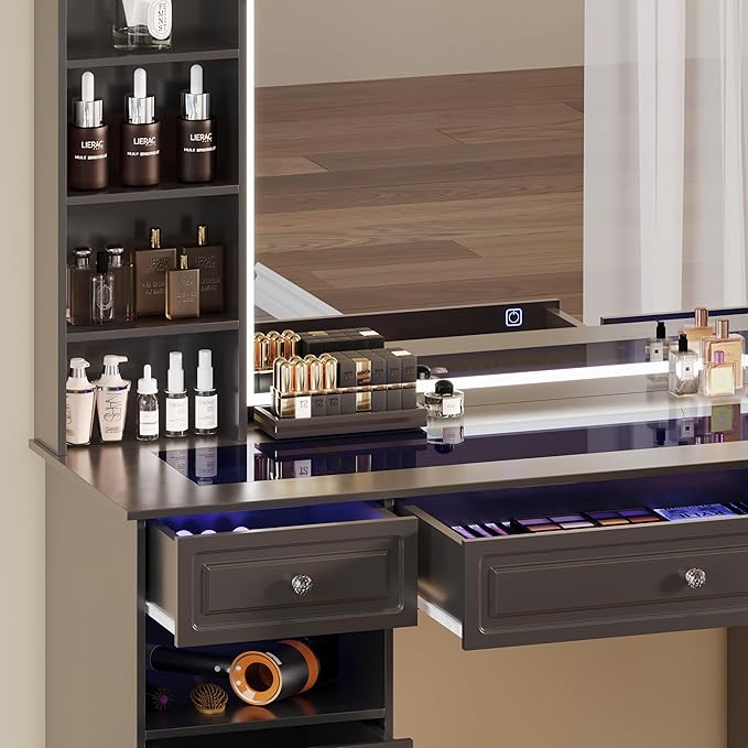 Extra Large Vanity Desk with Lighted Mirror, 47" Makeup Vanity with Glass Top, Black Vanity Table with 9 Drawers, Tall Vanity with Crystal Knobs for Bedroom (Minimalist Style)