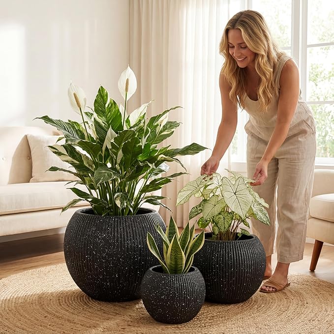 DTY Signature Mount Sherman Modern Indoor Outdoor Fiberstone Sphere Planter, Durable Round Garden Pot, Weather Resistant, Drainage Hole & Rubber Plug,Planter for Christmas Tree (Ribbed Black, Large)