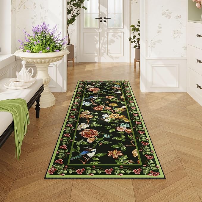 Runner Rug for Kitchen 2'6"x8' Washable Rugs with Rubber Backing Soft Floral Bird Magpies Floral Animal Carpet Runner for Kitchen, Laundry, Bedroom, Bathroom (Green)