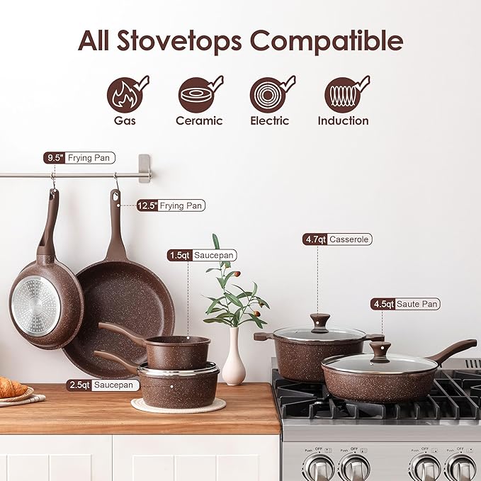 SENSARTE Nonstick Cookware Set 16-Piece, Healthy Pots and Pans Set, Non-stick Kitchen Cooking Set with Stay-Cool Handles, Silicone Utensils and Pot Protectors