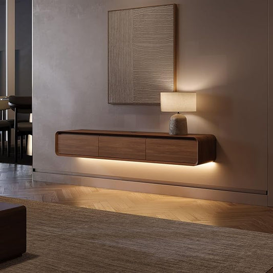 POVISON Fully Assembled Floating TV Stand with LED Lights, Modern Wall-Mounted Media Console with 3 Flip-Down Cabinet Doors, Floating Entertainment Center for 55 Inch TV