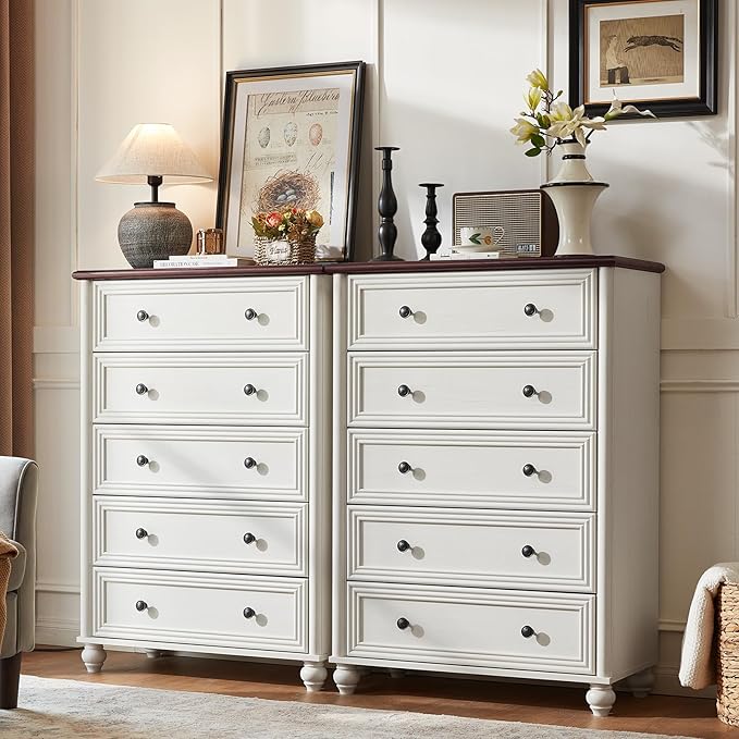 Farmhouse Dresser for Bedroom Set of 2, 5 Drawers Wood 45" Tall Chest of Drawers, Dresser Rustic Storage Dressers Organizer with Metal Handle Closet for Living Room, Hallway Entryway