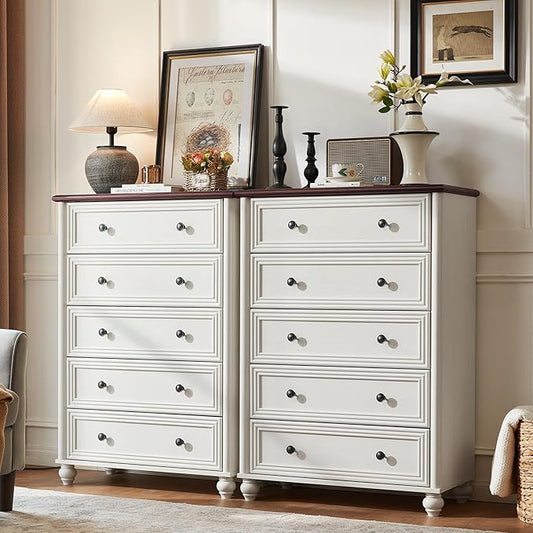 Farmhouse Dresser for Bedroom Set of 2, 5 Drawers Wood 45" Tall Chest of Drawers, Dresser Rustic Storage Dressers Organizer with Metal Handle Closet for Living Room, Hallway Entryway