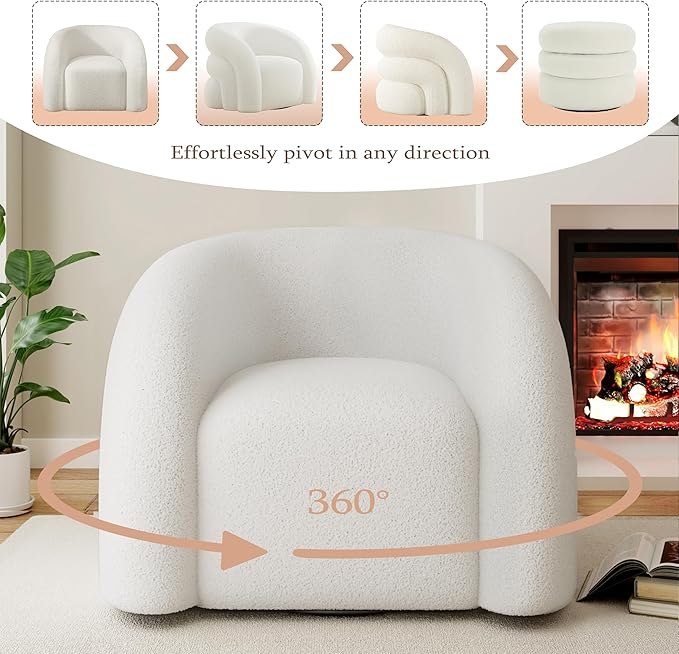 Swivel Accent Chair Set of 2,Upholstered Sherp Barrel Armchair 366° Round Modern Boucle Chair No Assembly for Living Room,Comfy Single Sofa Chairs for Bedroom(White)